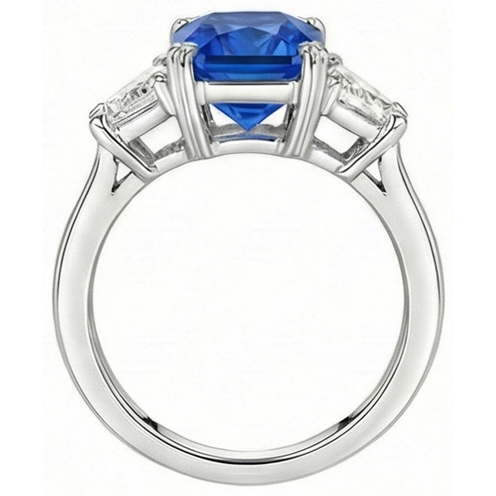 Natural Earth Mined Diamond 3 Stone Sapphire Ring Trapezoid Stones Tapered Shank 3 Carats
