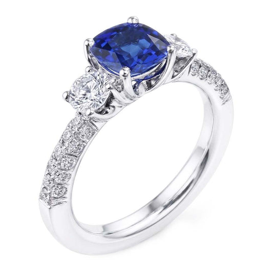 Natural Earth Mined Diamond 3 Stone Style Cushion Sri Lankan Sapphire Ring 3.50 Carats