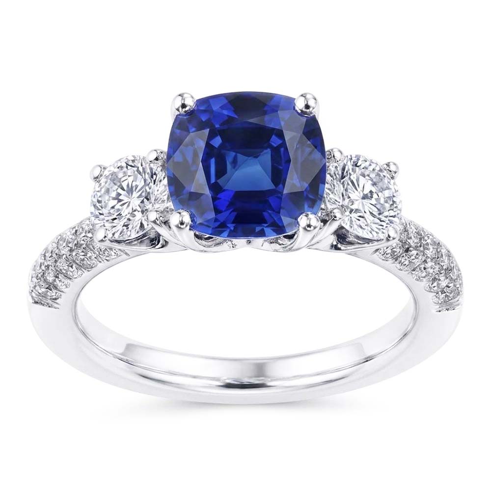 Natural Earth Mined Diamond 3 Stone Style Cushion Sri Lankan Sapphire Ring 3.50 Carats