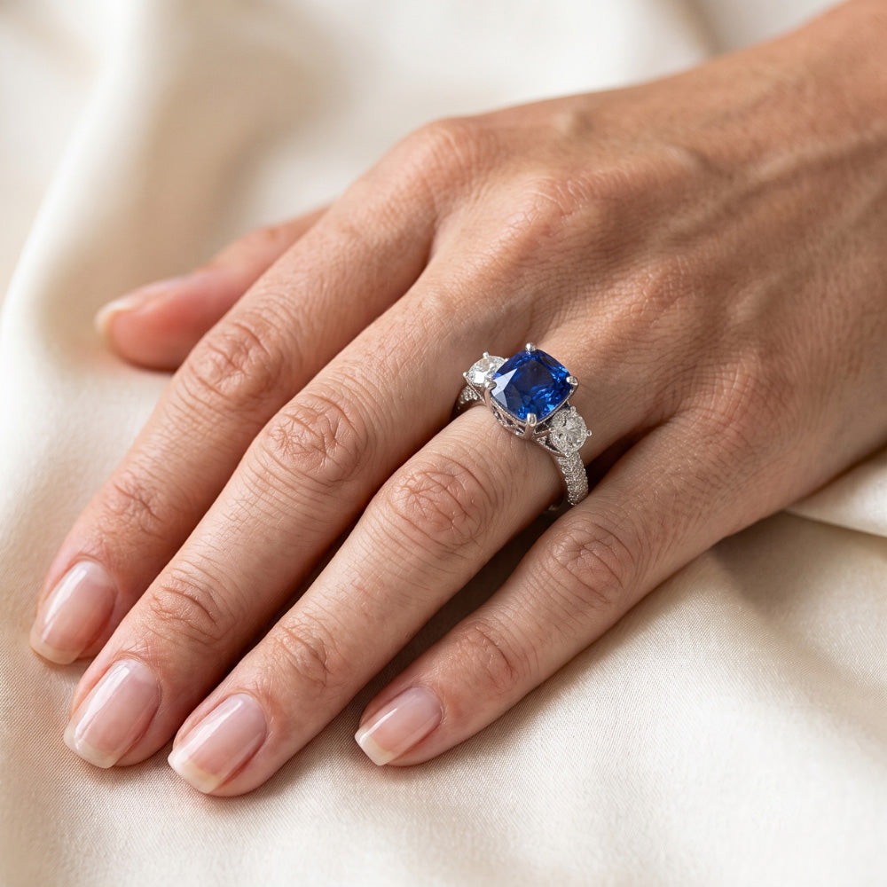 Natural Earth Mined Diamond 3 Stone Style Cushion Sri Lankan Sapphire Ring 3.50 Carats