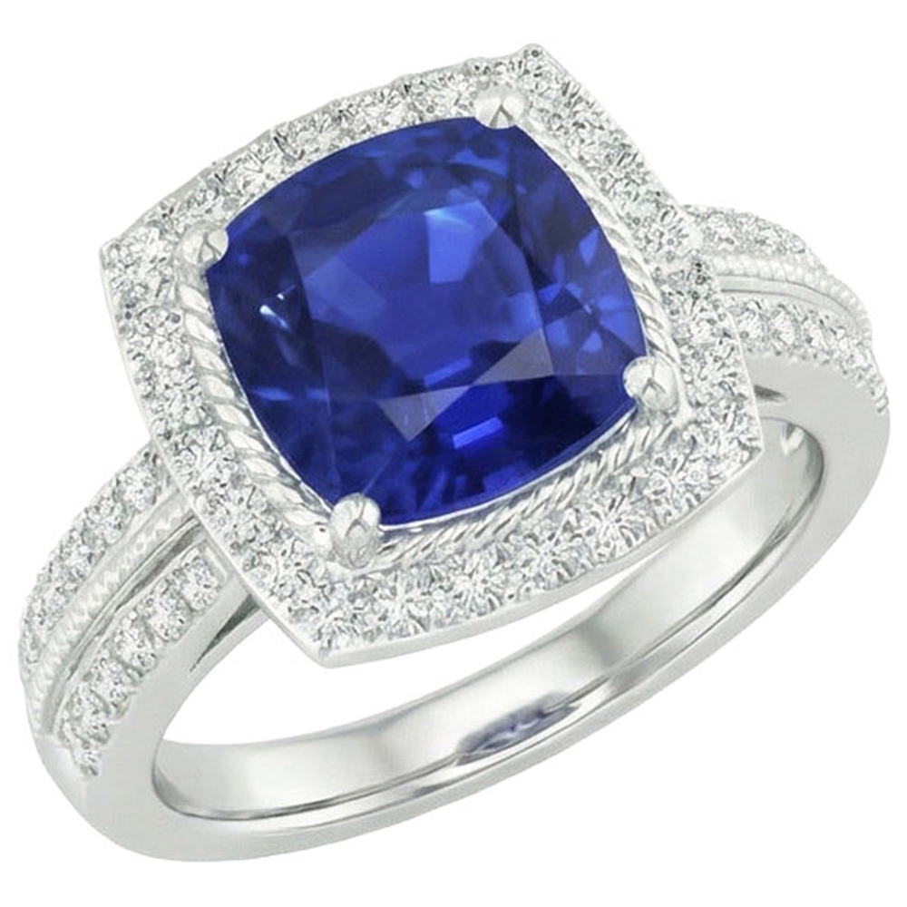 Natural Earth Mined DIAMOND ( NOT LAB GROWN ) And Sapphire Halo Engagement Ring 3.70 Carats White Gold 14K