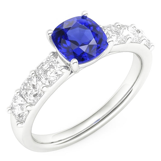 Natural Earth Mined Diamond Anniversary Cushion Ceylon Sapphire Ring 2.50 Carats