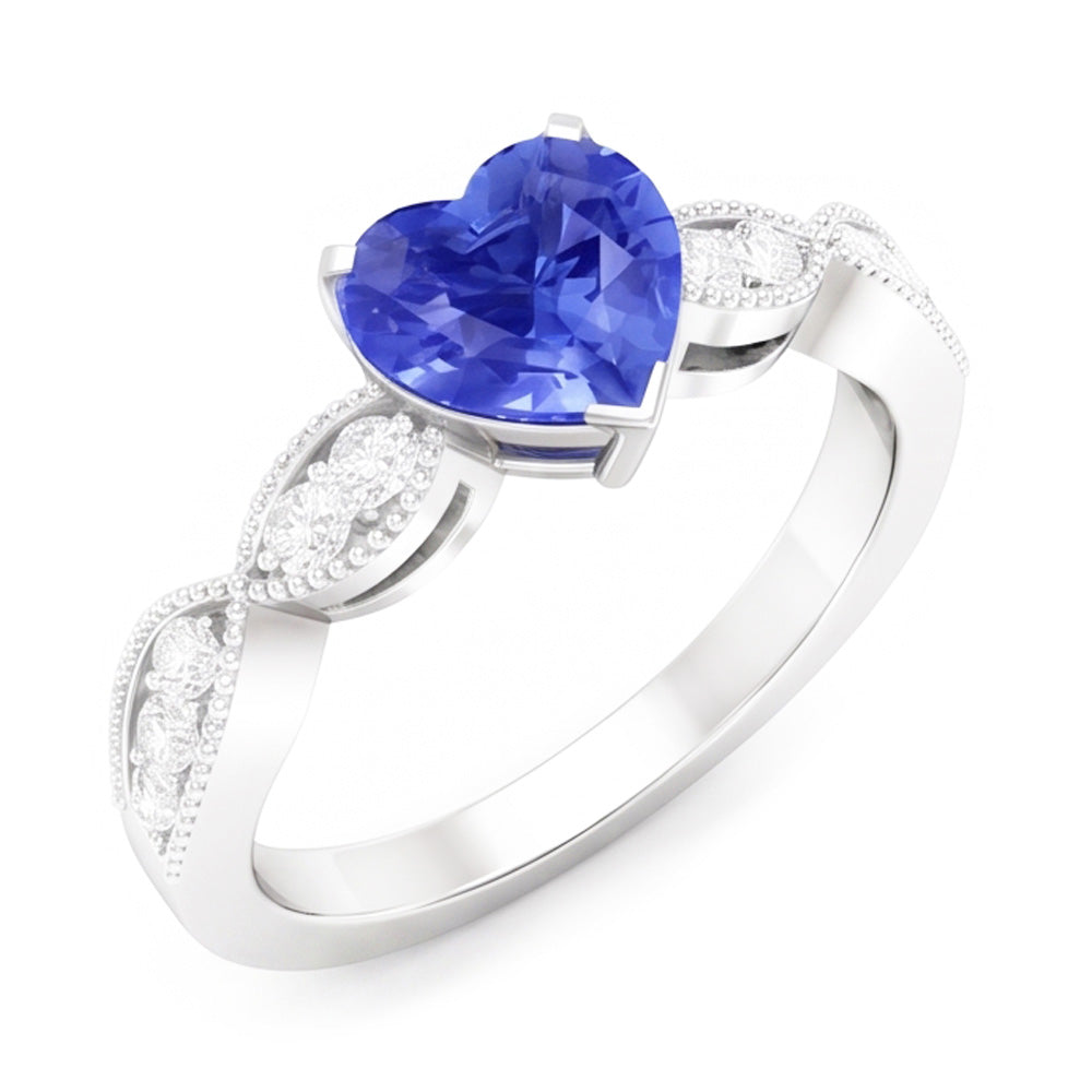 Natural Earth Mined Diamond Anniversary Heart Blue Sapphire Ring 3 Carats Twisted Style