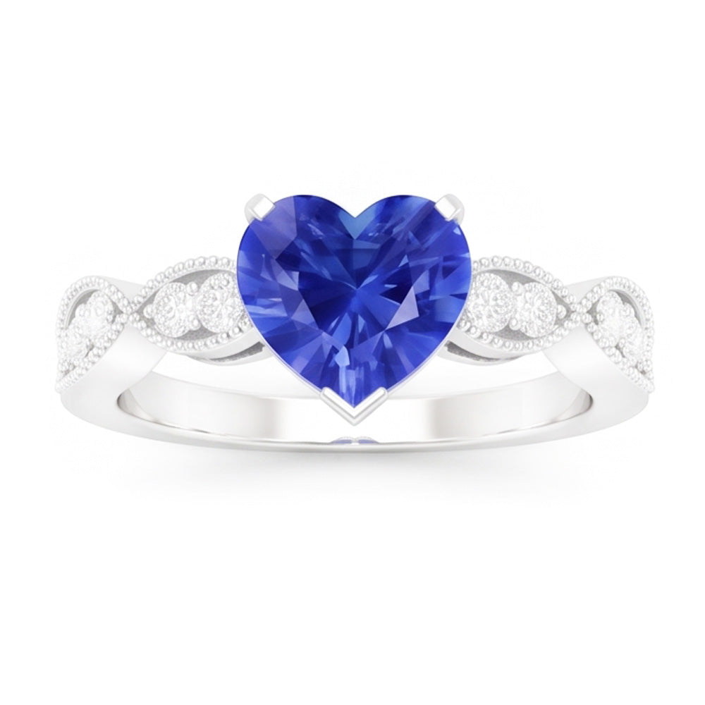 Natural Earth Mined Diamond Anniversary Heart Blue Sapphire Ring 3 Carats Twisted Style