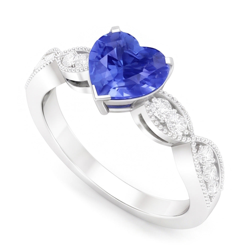 Natural Earth Mined Diamond Anniversary Heart Blue Sapphire Ring 3 Carats Twisted Style