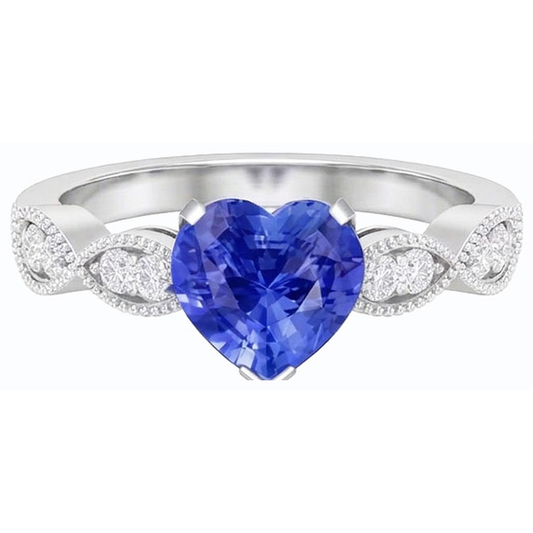 Natural Earth Mined Diamond Anniversary Heart Blue Sapphire Ring 3 Carats Twisted Style