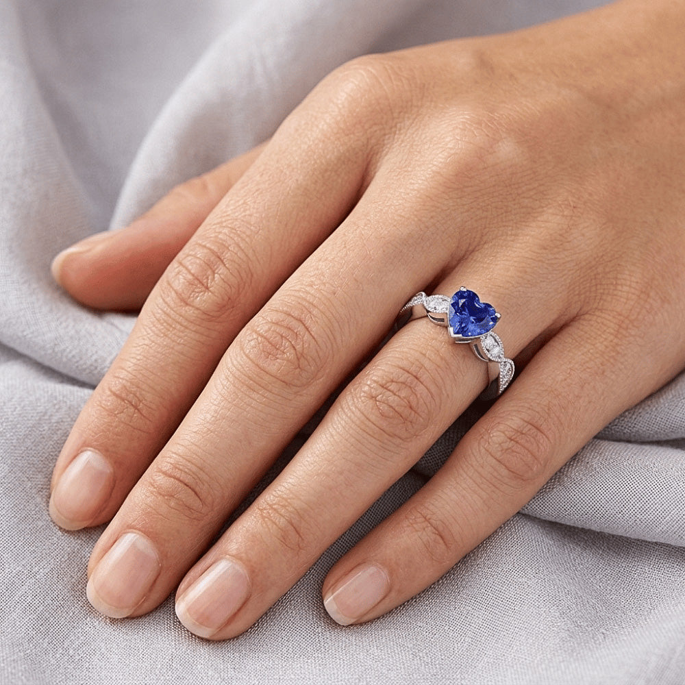 Natural Earth Mined Diamond Anniversary Heart Blue Sapphire Ring 3 Carats Twisted Style