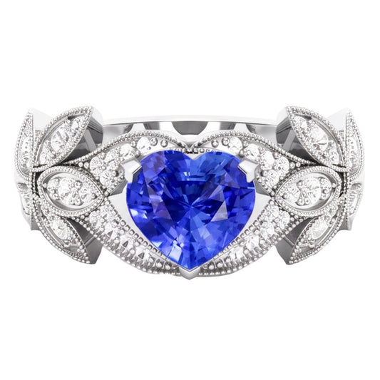 Natural Earth Mined Diamond Anniversary Heart Blue Sapphire Ring Antique Style 2.50 Carats