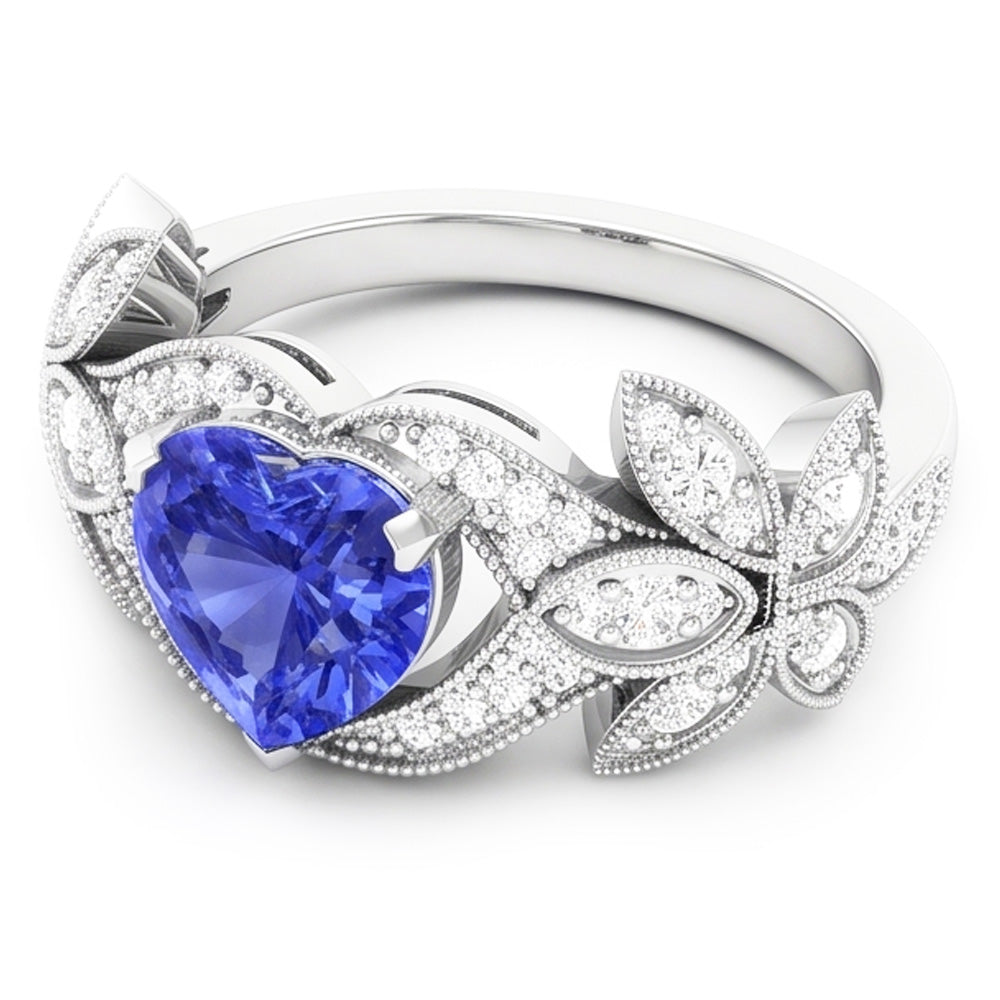Natural Earth Mined Diamond Anniversary Heart Blue Sapphire Ring Antique Style 2.50 Carats
