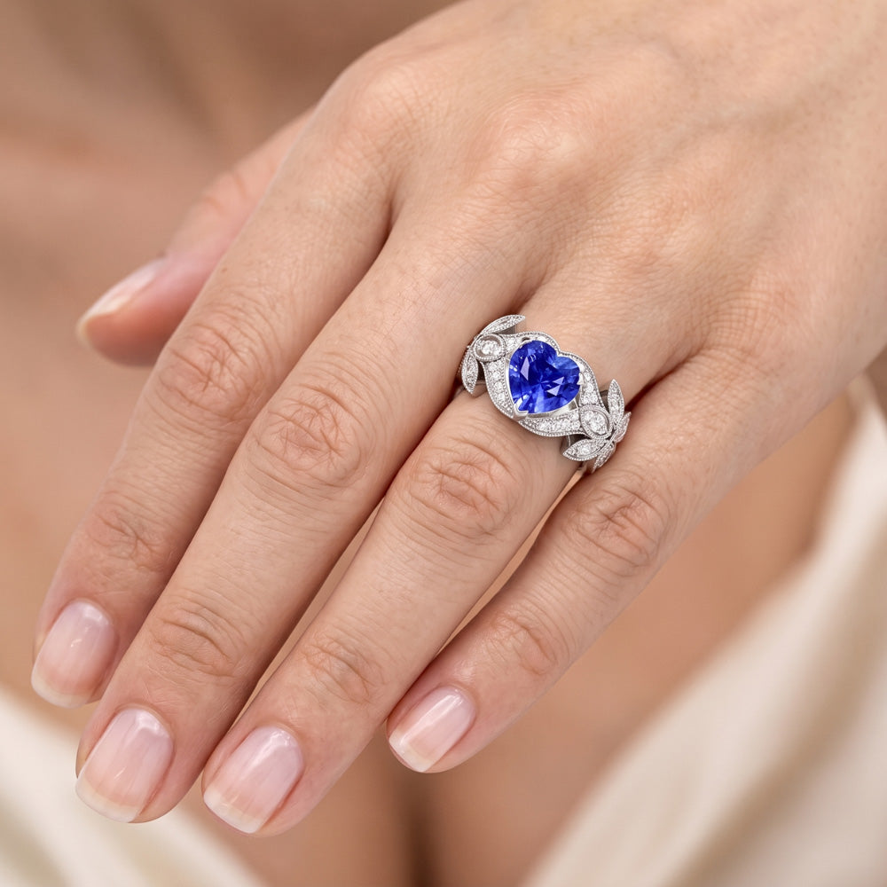 Natural Earth Mined Diamond Anniversary Heart Blue Sapphire Ring Antique Style 2.50 Carats