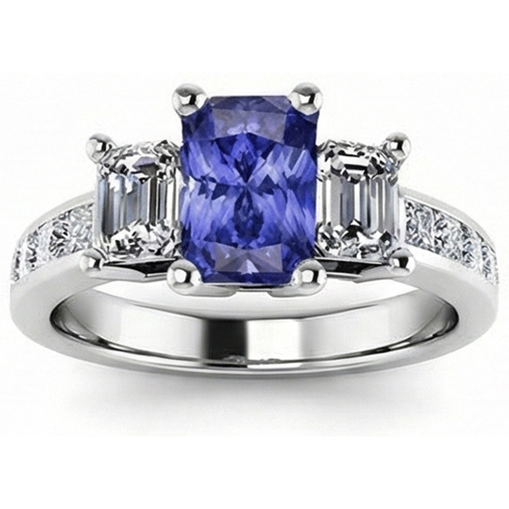 Natural Earth Mined Diamond Anniversary Sapphire Ring 3 Carat Channel Set Princess Accents
