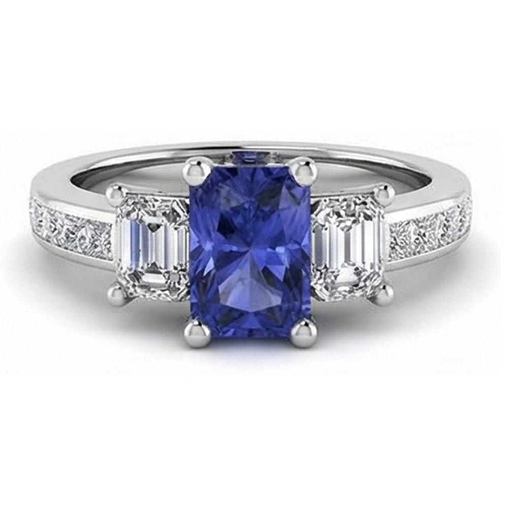 Natural Earth Mined Diamond Anniversary Sapphire Ring 3 Carat Channel Set Princess Accents