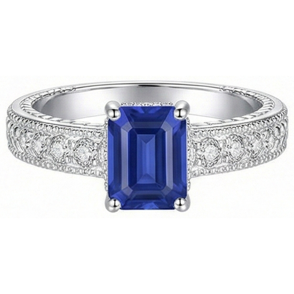 Natural Earth Mined Diamond Antique Style Ring Basket Set Emerald Cut Sapphire 2.50 Carats