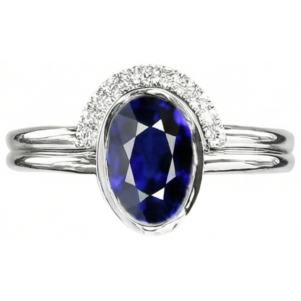 Natural Earth Mined Diamond Band & Oval Blue Sapphire Wedding Ring Set 3 Carats White Gold
