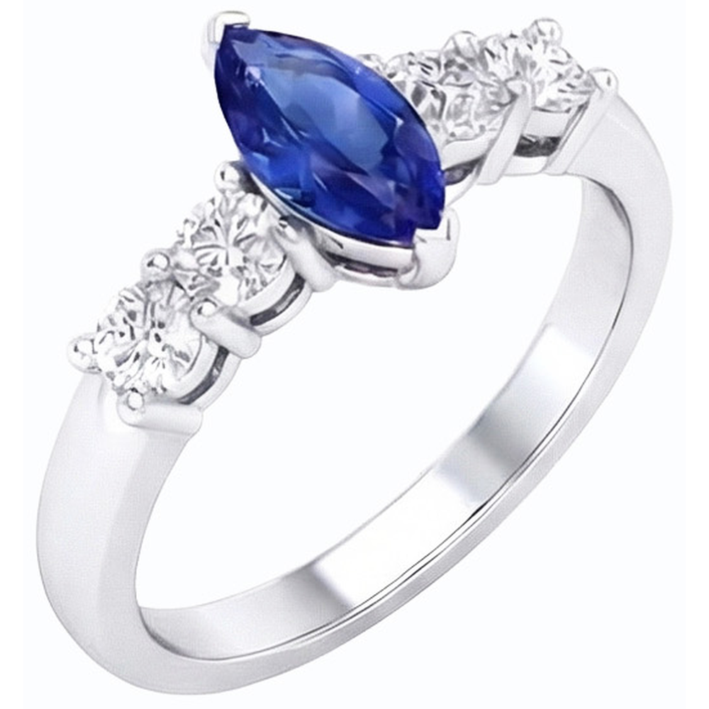 Natural Earth Mined Diamond Blue Sapphire Ring Marquise & Round Jewellery 1.50 Carats