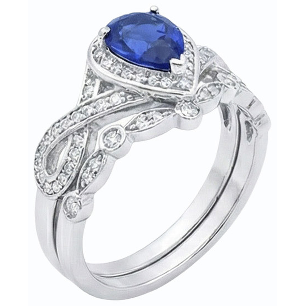 Natural Earth Mined Diamond Ceylon Sapphire Wedding Ring Set Crown Style 3.50 Carats