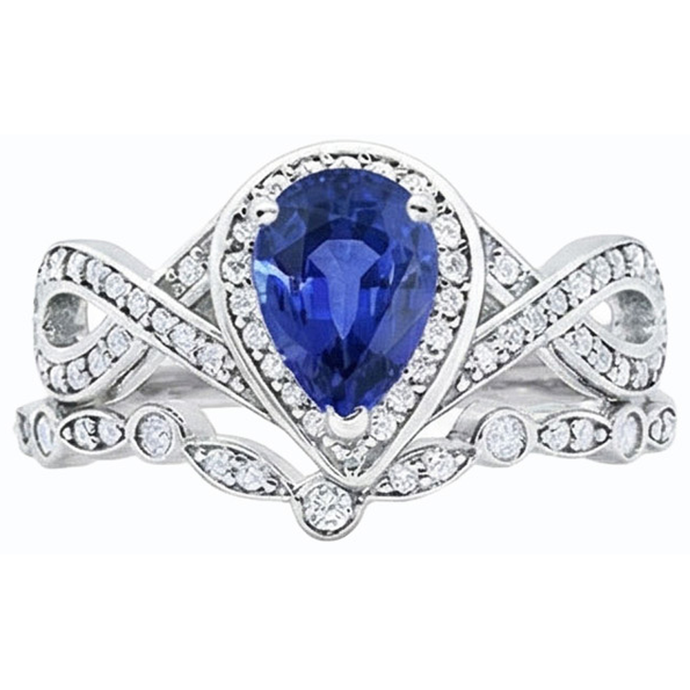 Natural Earth Mined Diamond Ceylon Sapphire Wedding Ring Set Crown Style 3.50 Carats