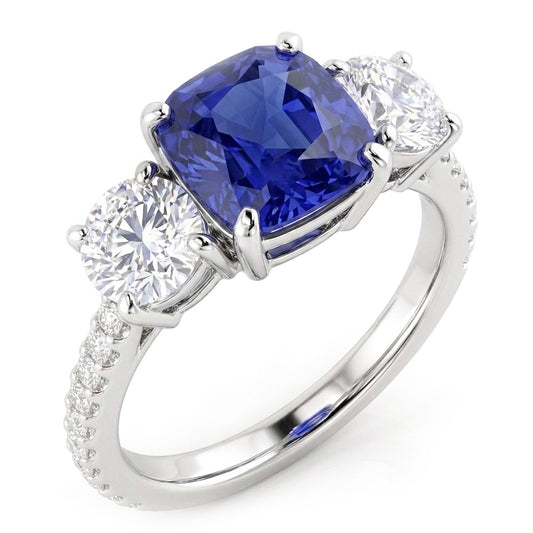Natural Earth Mined Diamond Cushion Blue Sapphire Ring 3 Stone Style & Accents 3.50 Carats