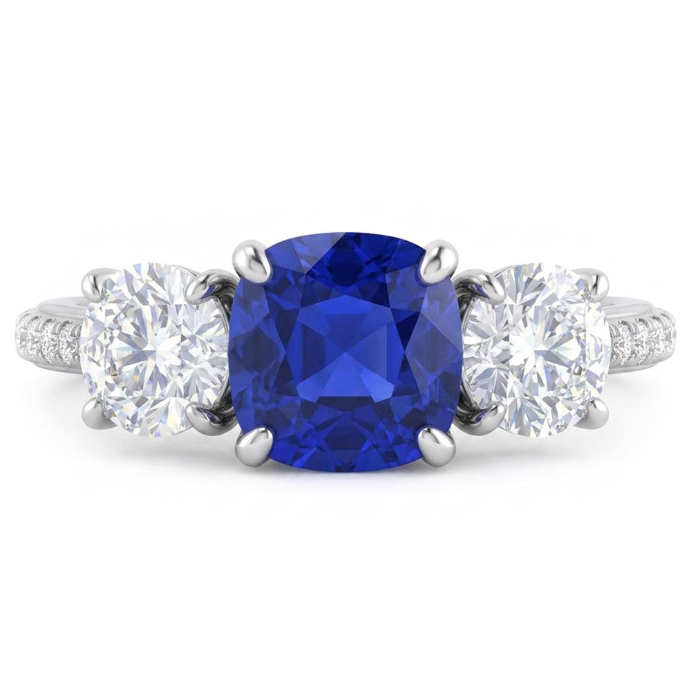 Natural Earth Mined Diamond Cushion Blue Sapphire Ring 3 Stone Style & Accents 3.50 Carats