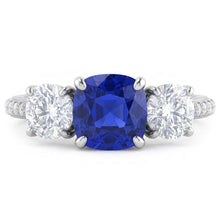 Natural Earth Mined Diamond Cushion Blue Sapphire Ring 3 Stone Style & Accents 3.50 Carats