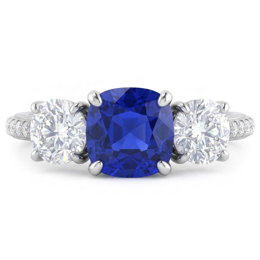 Natural Earth Mined Diamond Cushion Blue Sapphire Ring 3 Stone Style & Accents 3.50 Carats