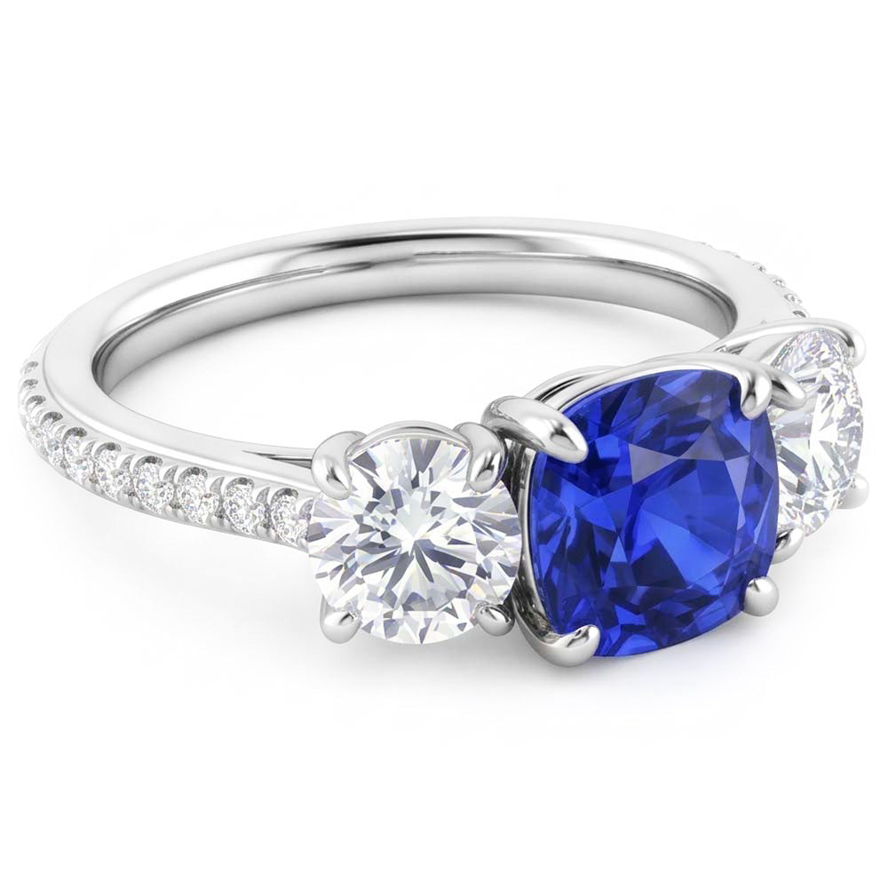 Natural Earth Mined Diamond Cushion Blue Sapphire Ring 3 Stone Style & Accents 3.50 Carats