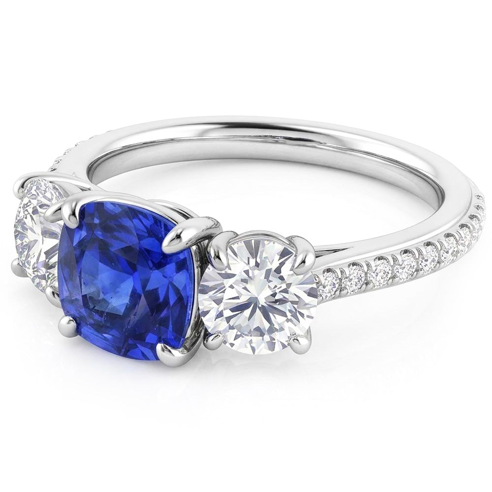 Natural Earth Mined Diamond Cushion Blue Sapphire Ring 3 Stone Style & Accents 3.50 Carats