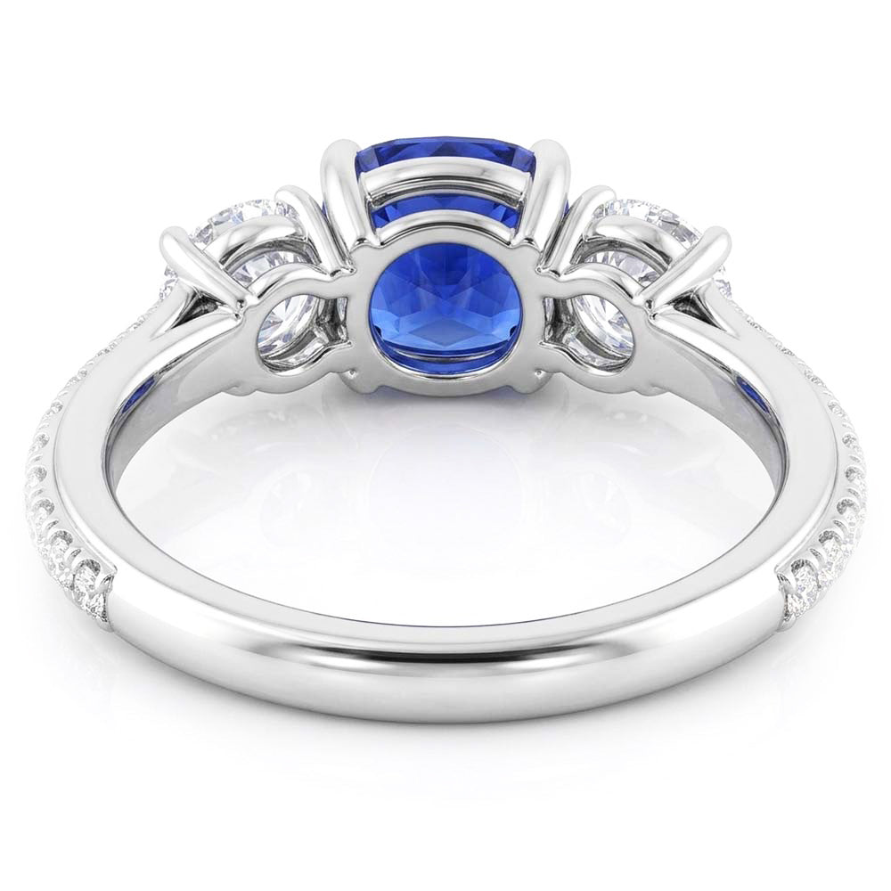 Natural Earth Mined Diamond Cushion Blue Sapphire Ring 3 Stone Style & Accents 3.50 Carats