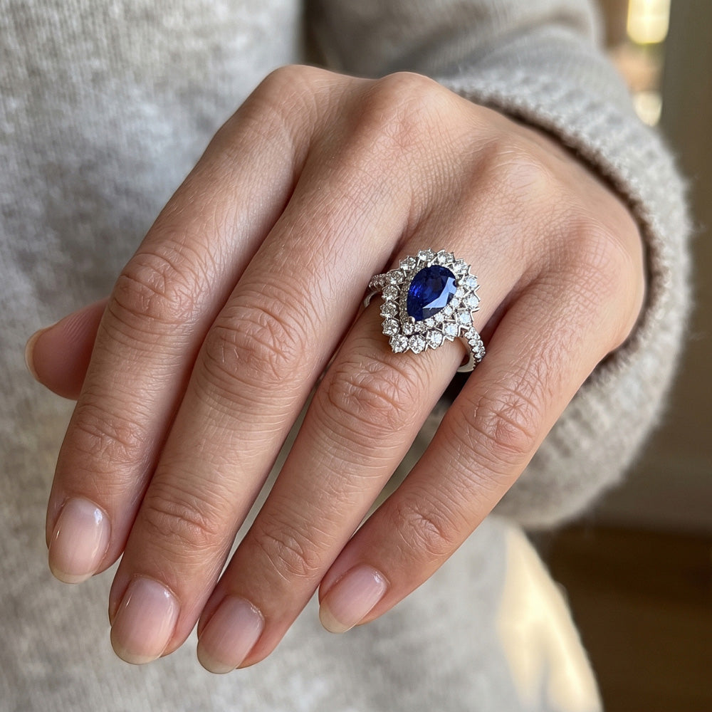 Natural Earth Mined Diamond Double Halo Ceylon Sapphire Ring Flower Style 4.50 Carats