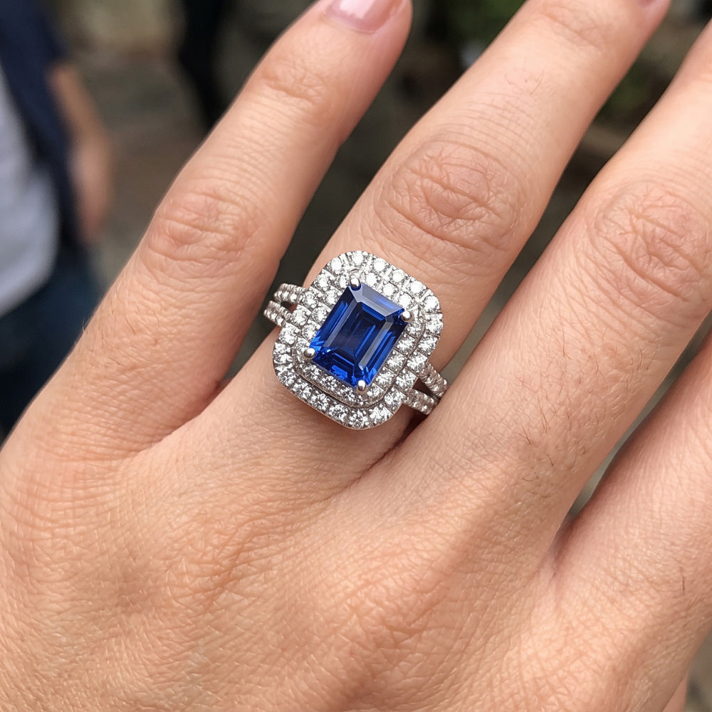 Natural Earth Mined Diamond Double Halo Emerald Blue Sapphire Wedding Ring Set 5 Carats