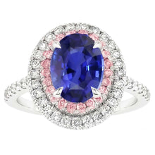 Natural Earth Mined Diamond Double Halo Oval Blue & Pink Sapphire Ring 5 Carats Prong Set