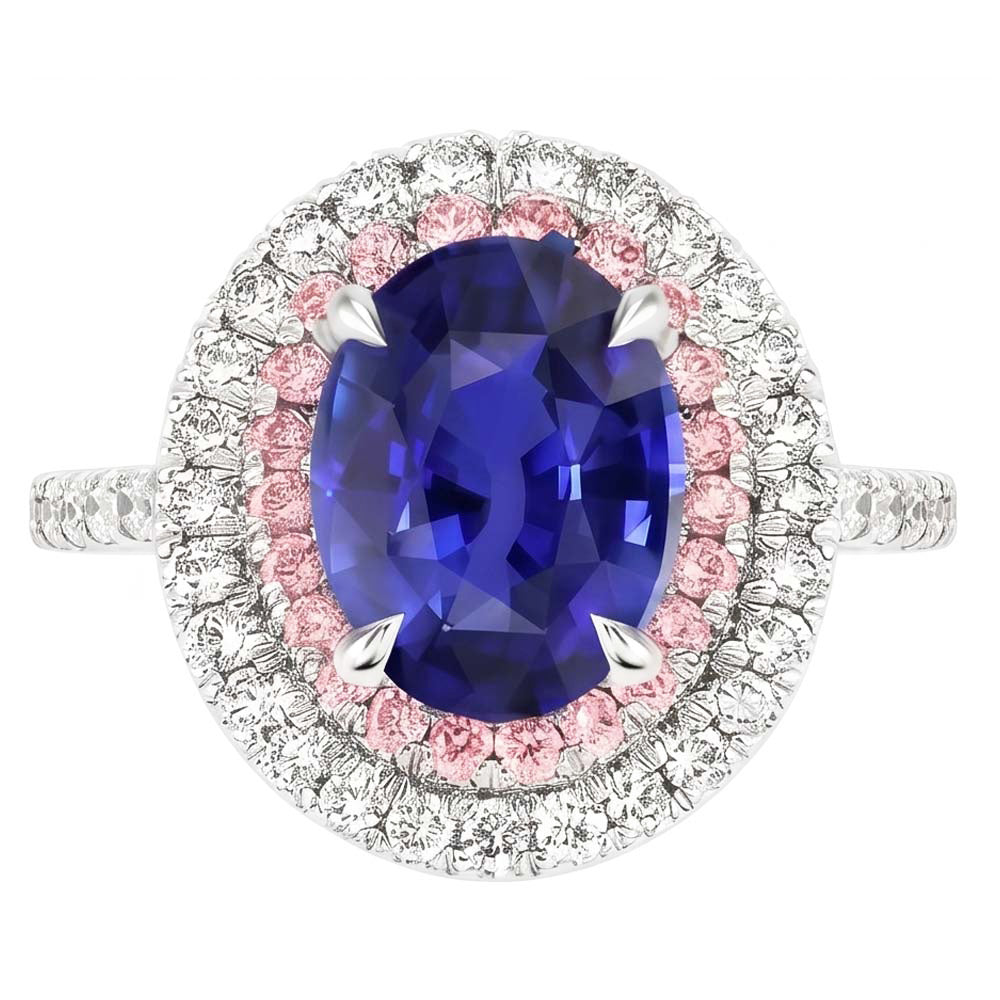 Natural Earth Mined Diamond Double Halo Oval Blue & Pink Sapphire Ring 5 Carats Prong Set