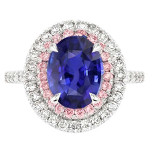Natural Earth Mined Diamond Double Halo Oval Blue & Pink Sapphire Ring 5 Carats Prong Set