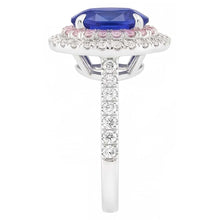 Natural Earth Mined Diamond Double Halo Oval Blue & Pink Sapphire Ring 5 Carats Prong Set