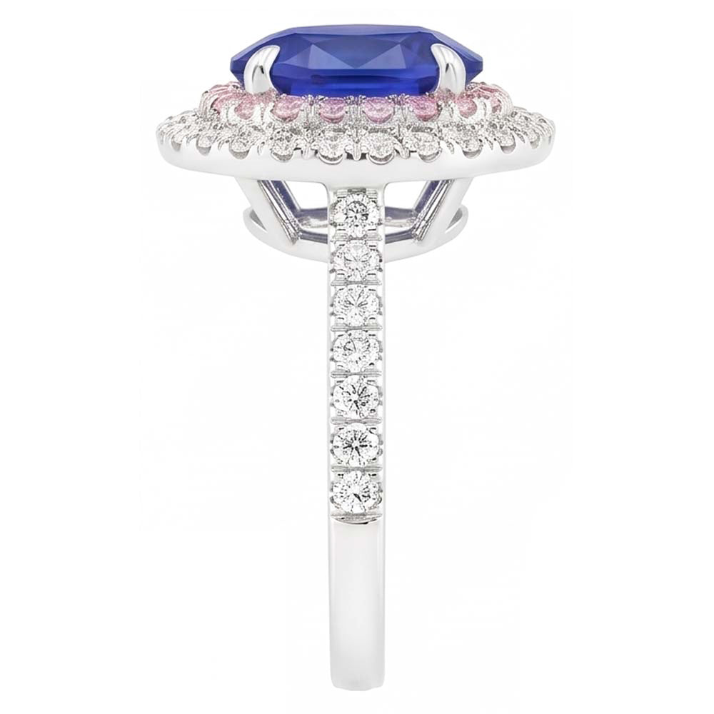 Natural Earth Mined Diamond Double Halo Oval Blue & Pink Sapphire Ring 5 Carats Prong Set