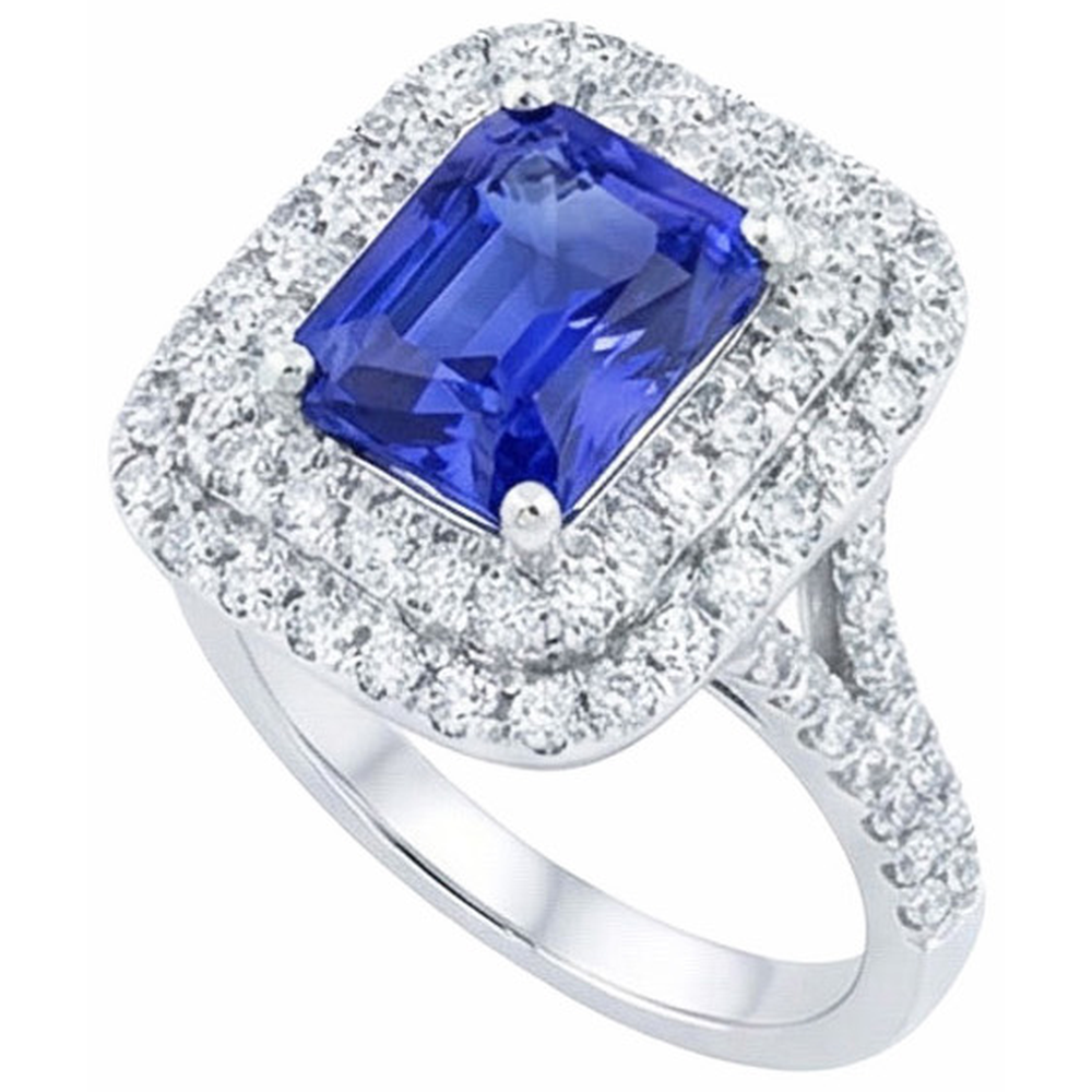 Natural Earth Mined Diamond Double Halo Radiant Sapphire Ring 4 Carats Split Shank