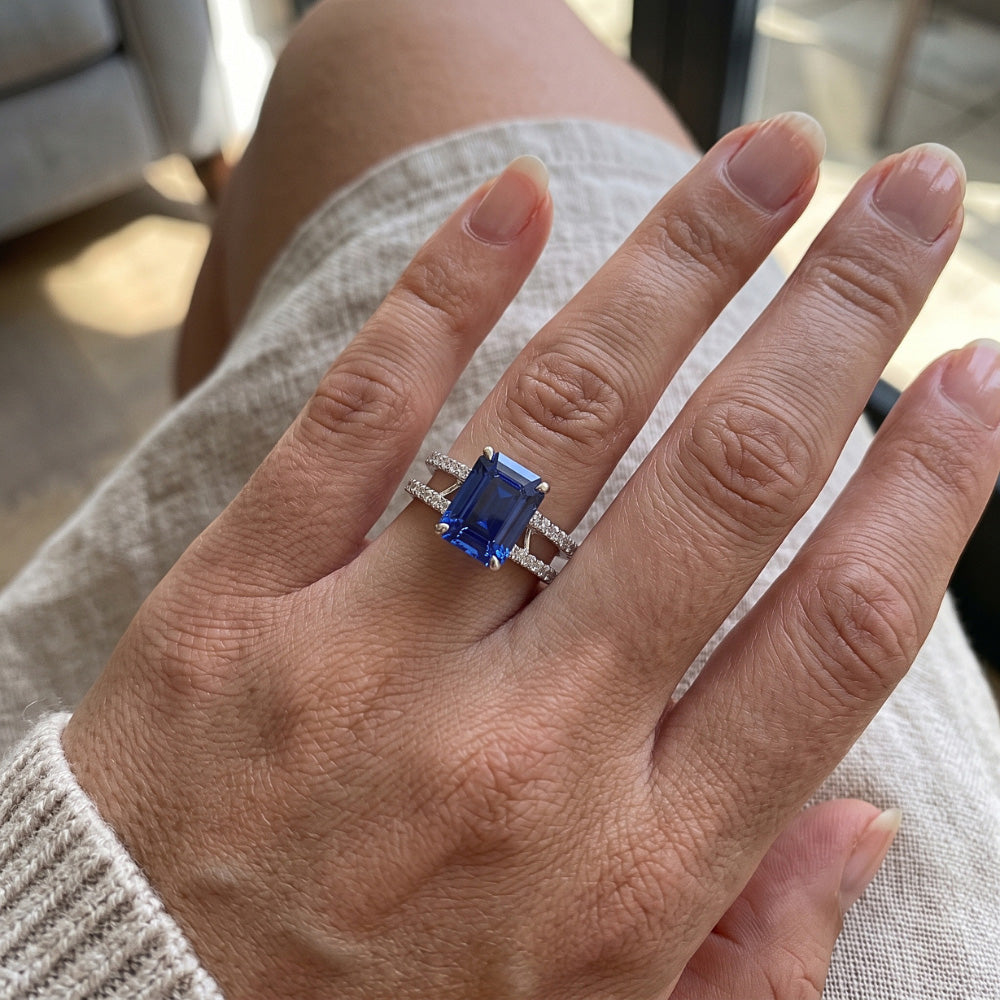 Natural Earth Mined Diamond Emerald Blue Sapphire Engagement Ring Double Shank 4.50 Carats