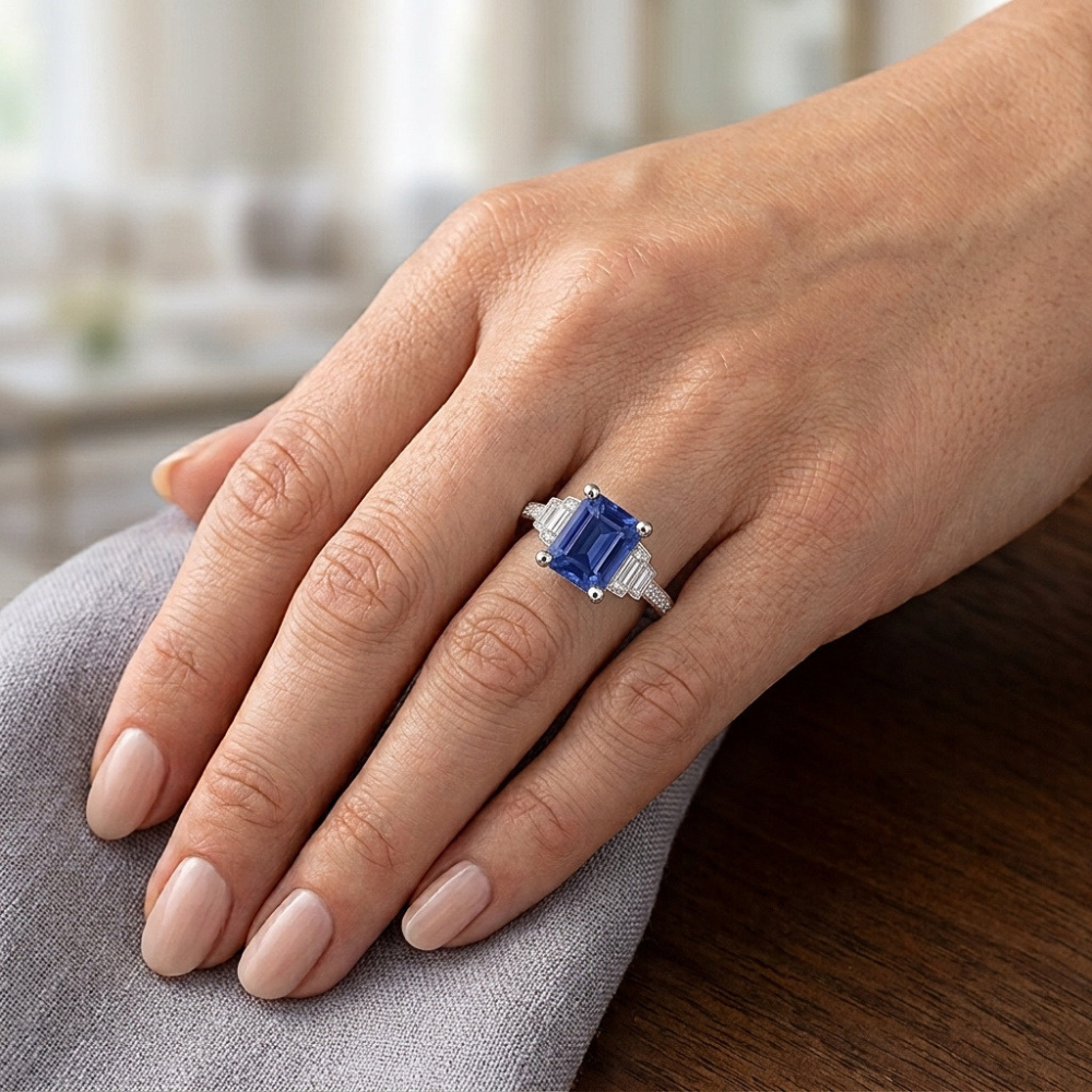 Natural Earth Mined Diamond Emerald Blue Sapphire Ring 3 Carats White Gold 14K Jewellery
