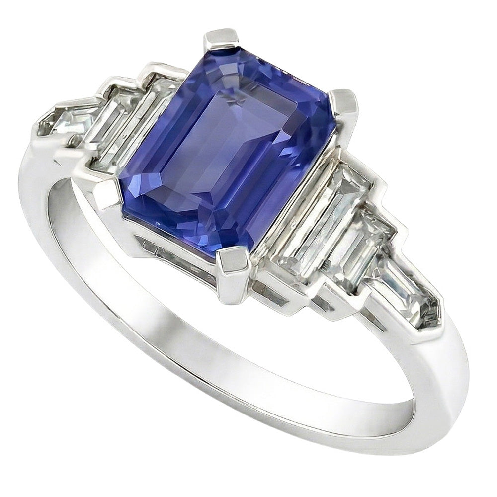 Natural Earth Mined Diamond Emerald Blue Sapphire With Baguette Accents Ring 3 Carats