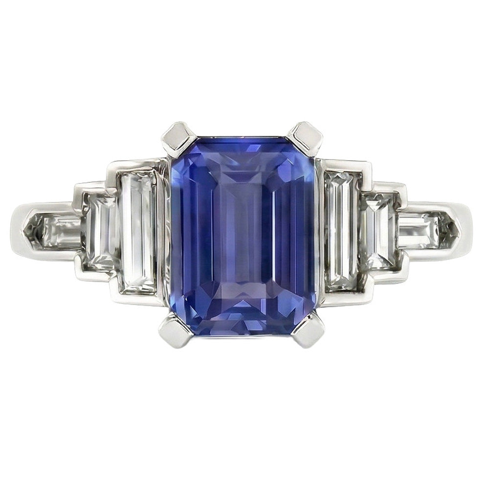 Natural Earth Mined Diamond Emerald Blue Sapphire With Baguette Accents Ring 3 Carats