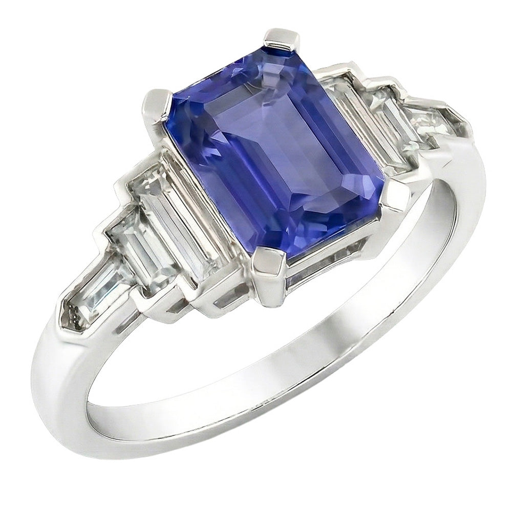 Natural Earth Mined Diamond Emerald Blue Sapphire With Baguette Accents Ring 3 Carats