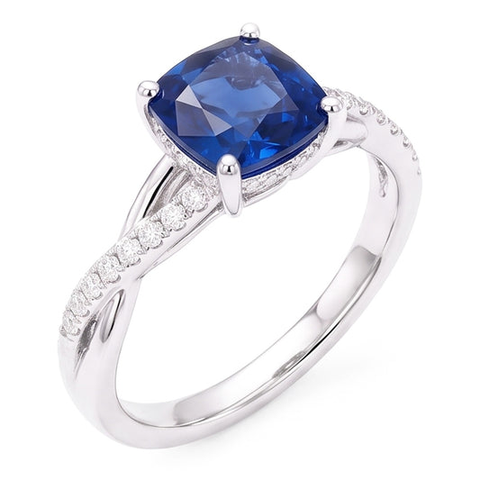 Natural Earth Mined Diamond Engagement Cushion Sapphire Ring Twisted Style 3 Carats