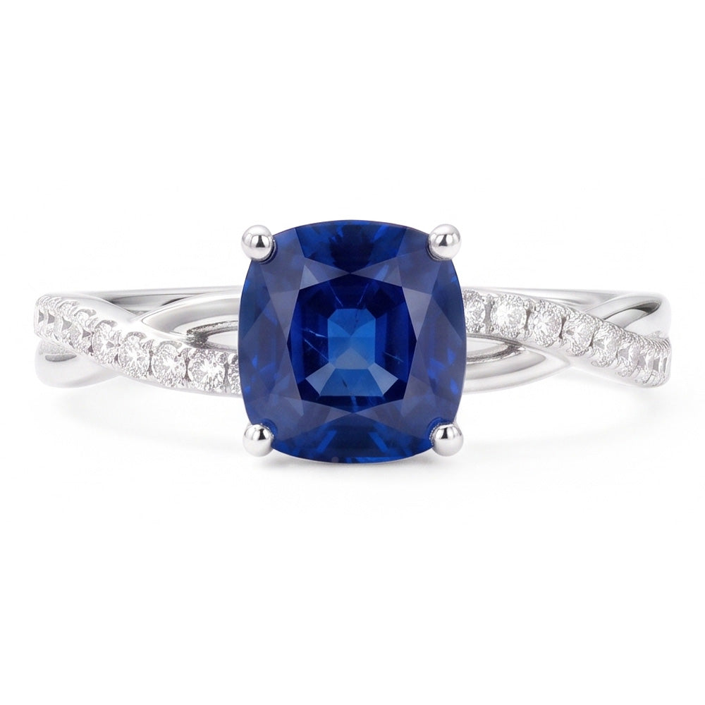 Natural Earth Mined Diamond Engagement Cushion Sapphire Ring Twisted Style 3 Carats