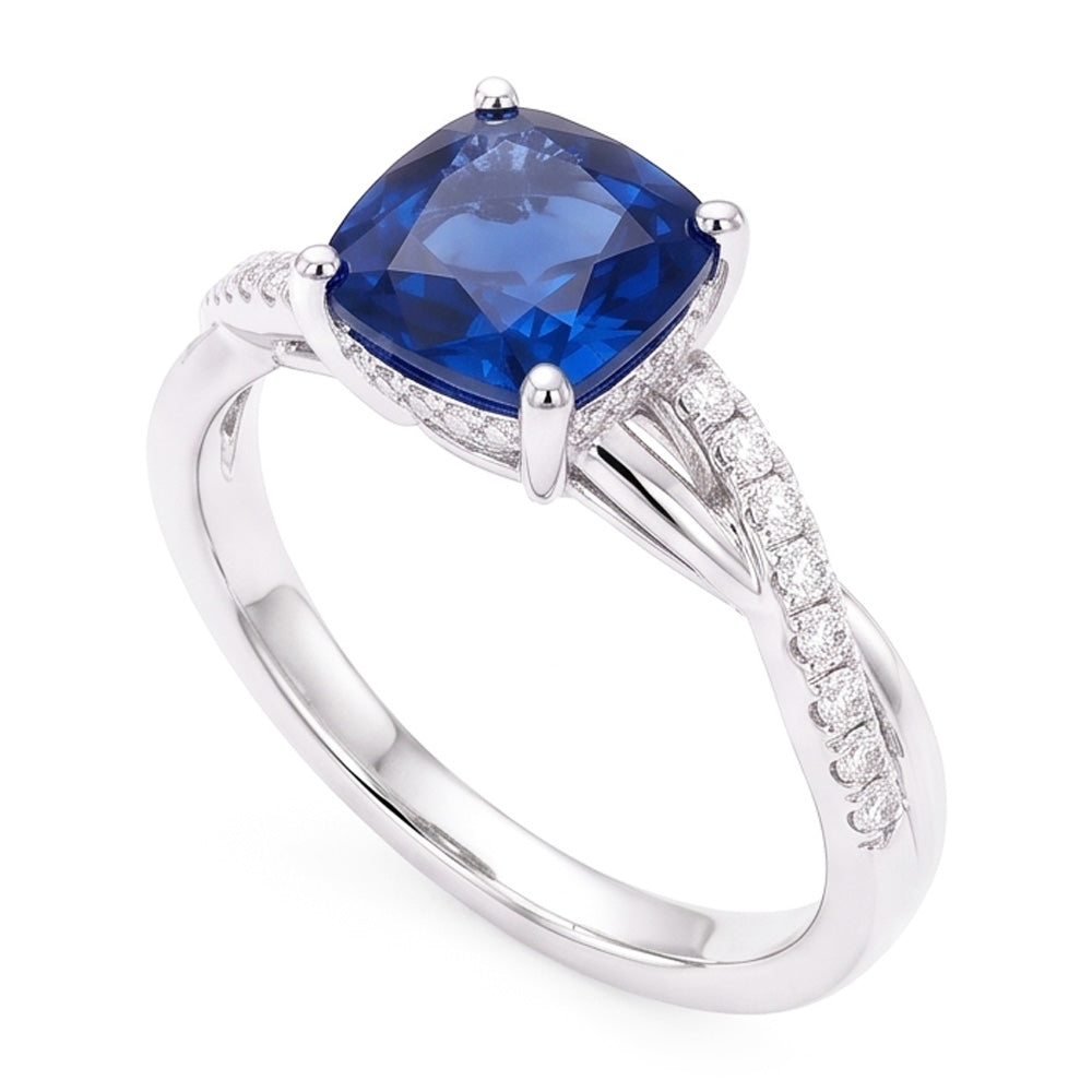 Natural Earth Mined Diamond Engagement Cushion Sapphire Ring Twisted Style 3 Carats