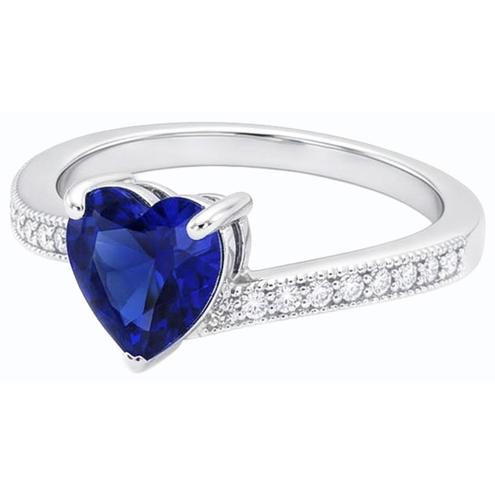 Natural Earth Mined Diamond Engagement Heart Ceylon Sapphire Ring 2 Carats Milgrain Shank