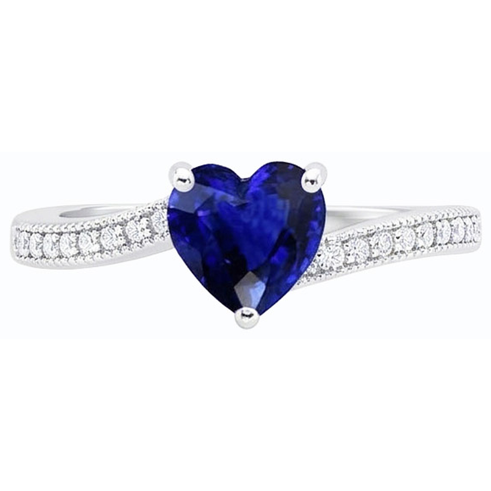 Natural Earth Mined Diamond Engagement Heart Ceylon Sapphire Ring 2 Carats Milgrain Shank