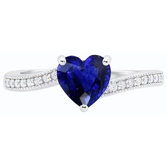 Natural Earth Mined Diamond Engagement Heart Ceylon Sapphire Ring 2 Carats Milgrain Shank