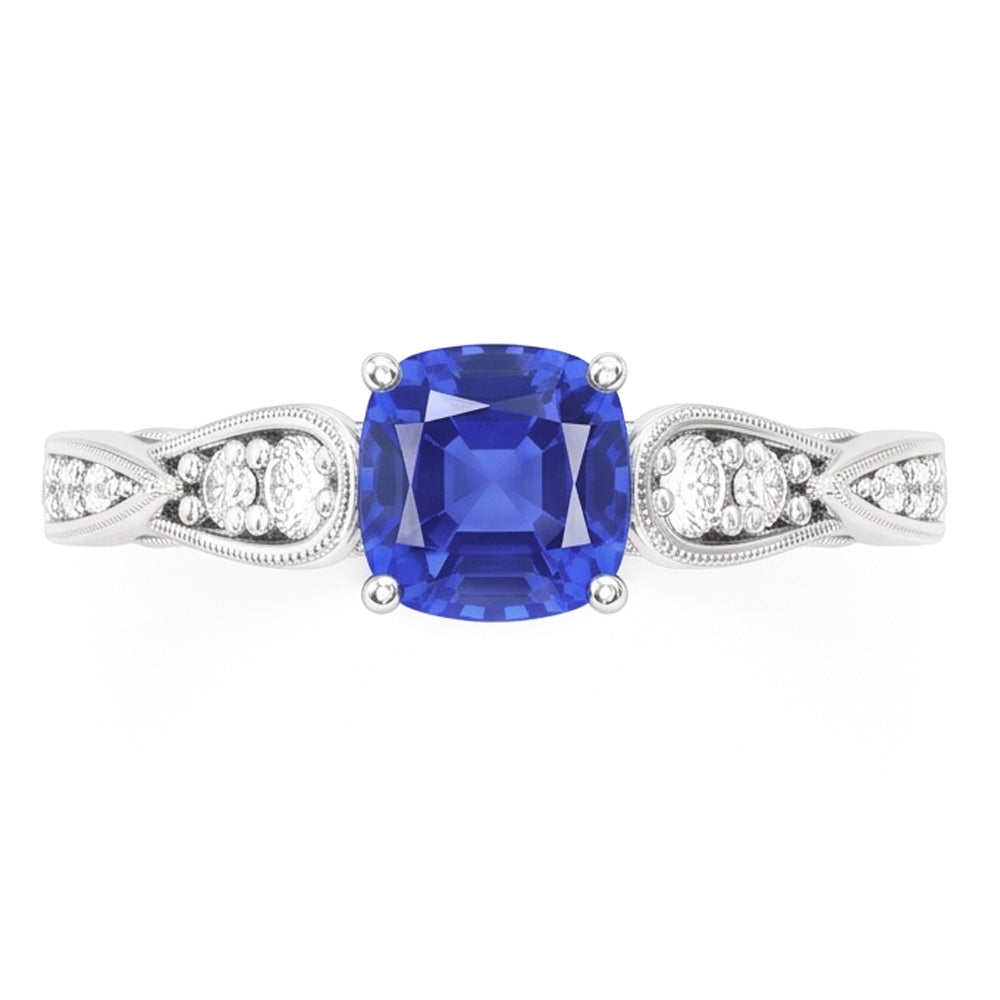 Natural Earth Mined Diamond Engagement Ring Cushion Sapphire 2.50 Carats Vintage Style