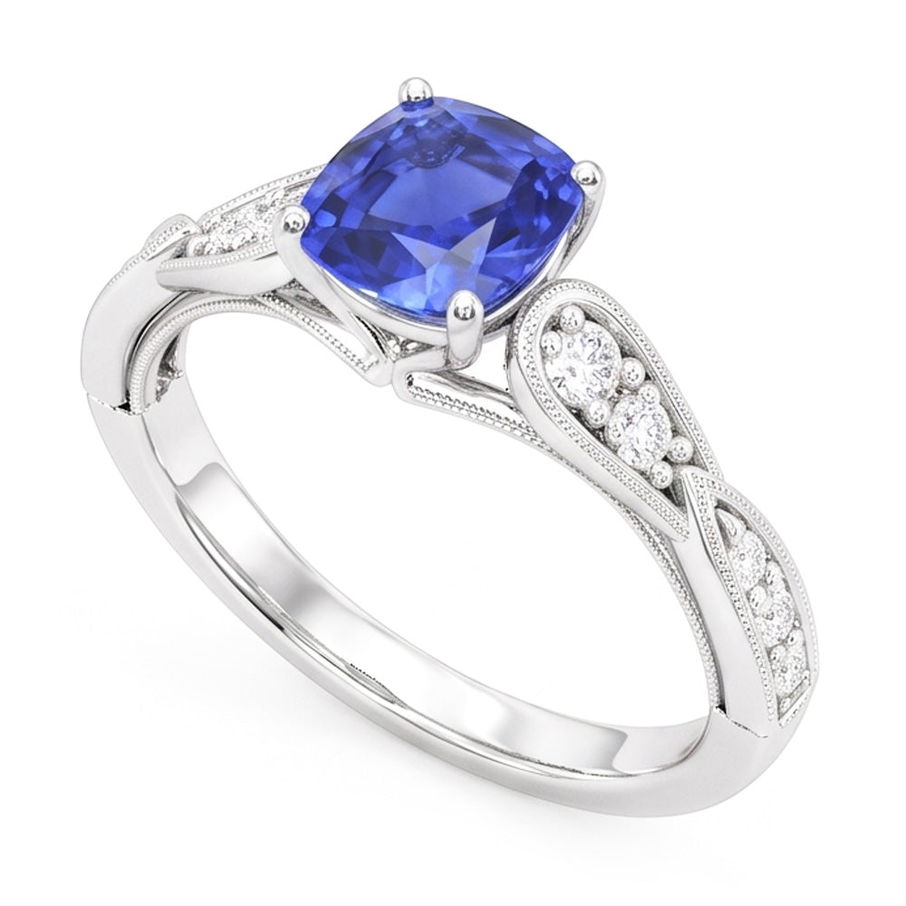 Natural Earth Mined Diamond Engagement Ring Cushion Sapphire 2.50 Carats Vintage Style