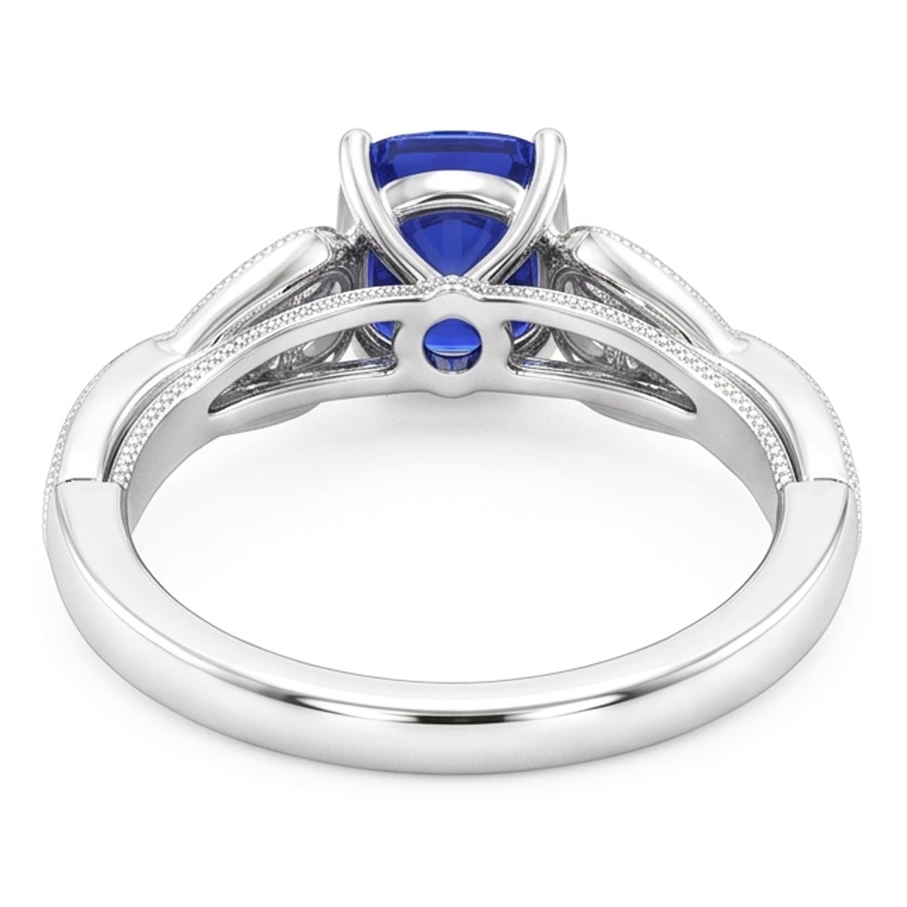 Natural Earth Mined Diamond Engagement Ring Cushion Sapphire 2.50 Carats Vintage Style